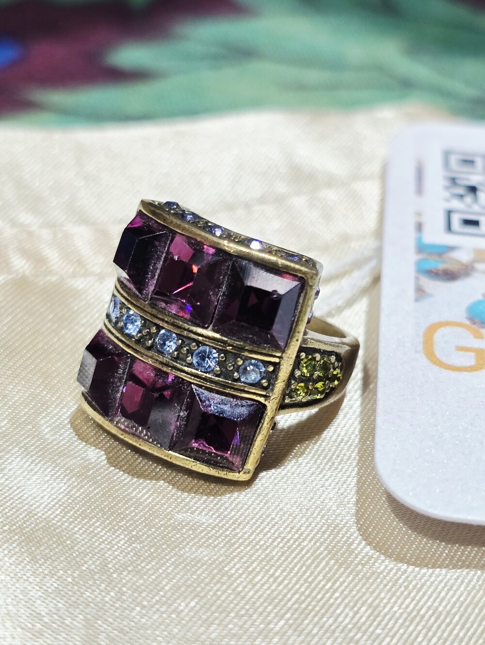 Vintage Heidi Daus plum amethyst square baguettes green peridot Gold Brass Size7